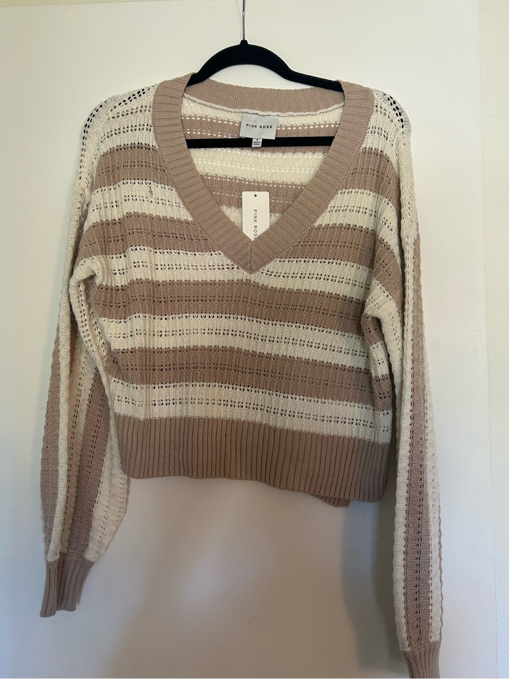 Pink Rose Cream and Tan Striped V-Neck Knit Sweater